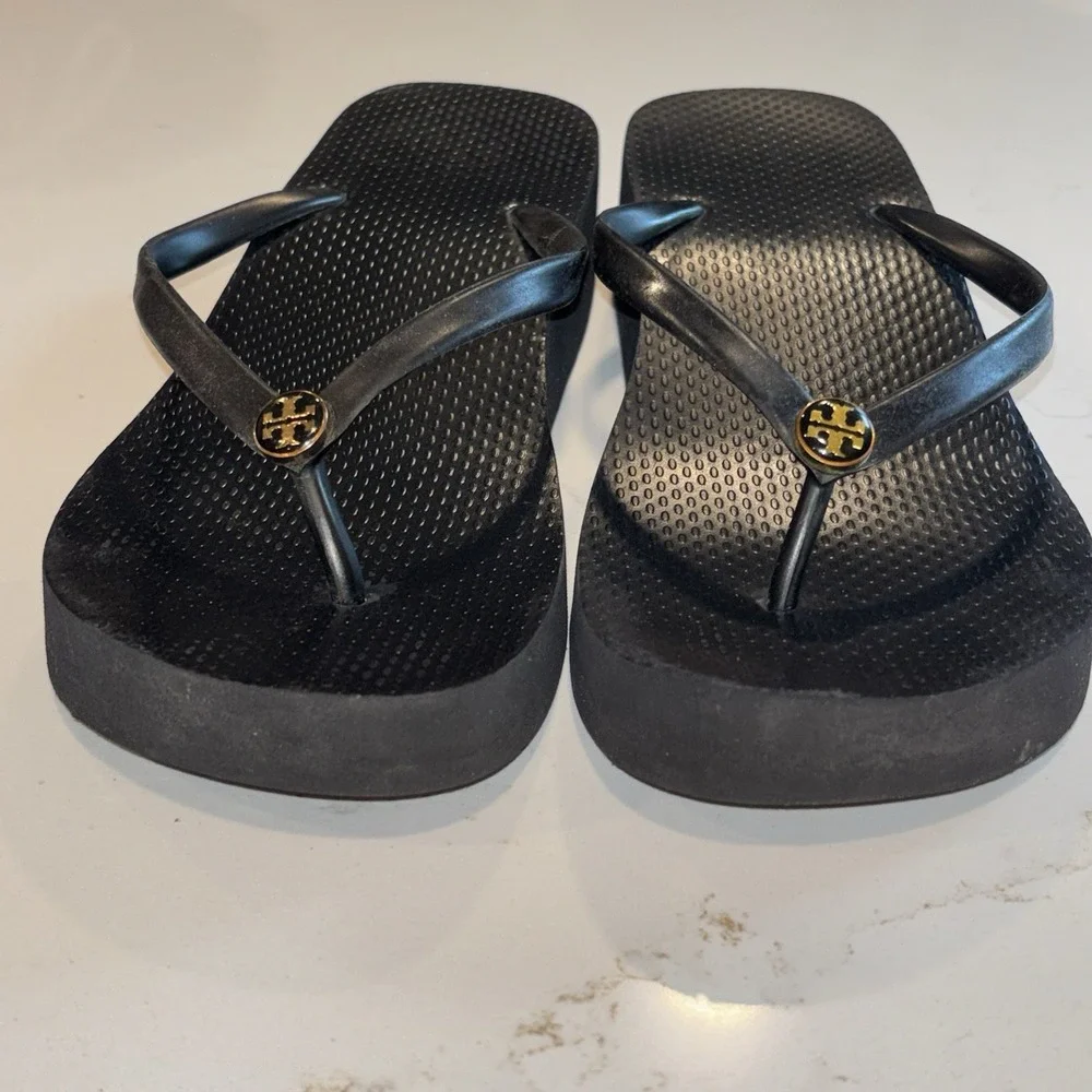 TORY BURCH Wedge Platform FLIP FLOPS rubber sandals Black Women's 8.5
